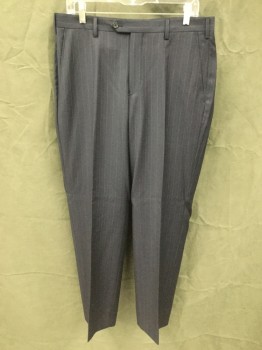 BROOKS BROTHERS, Navy Blue, White, Wool, Stripes - Pin, Flat Front, Button Tab Closure, Zip Fly, 4 Pockets, Belt Loops