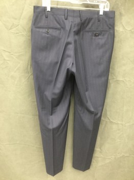 BROOKS BROTHERS, Navy Blue, White, Wool, Stripes - Pin, Flat Front, Button Tab Closure, Zip Fly, 4 Pockets, Belt Loops