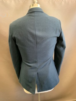 TOPMAN, Dk Blue, Polyester, Viscose, Solid, Dark Turquoise, Ribbed Texture, Single Breasted, Thin Notched Lapel, 3 Pockets, Slim Fit, Black Lining