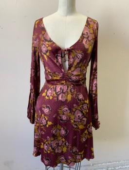 Womens, Dress, Long & 3/4 Sleeve, FREE PEOPLE, Plum Purple, Olive Green, Mauve Pink, Lavender Purple, Polyester, Floral, Dots, 0, Satin, Plunging Scoop Neck with Self Ties at Keyhole, Hem Above Knee, Elastic Smocking at Waist Front and Back, and Cuffs, Invisible Zipper at Side