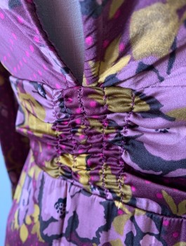 Womens, Dress, Long & 3/4 Sleeve, FREE PEOPLE, Plum Purple, Olive Green, Mauve Pink, Lavender Purple, Polyester, Floral, Dots, 0, Satin, Plunging Scoop Neck with Self Ties at Keyhole, Hem Above Knee, Elastic Smocking at Waist Front and Back, and Cuffs, Invisible Zipper at Side