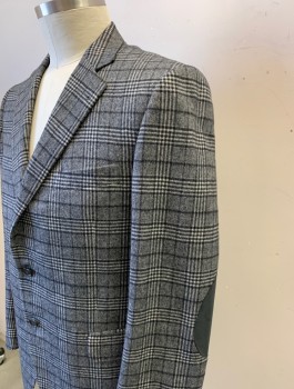 FABIO INGHIRAMI, Gray, Black, White, Wool, Plaid-  Windowpane, Single Breasted, Notched Lapel, 2 Buttons, Solid Charcoal Microsuede Elbow Patches, 3 Pockets, Black Lining