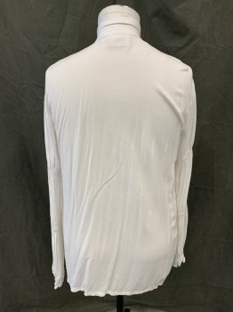 Mens, Historical Fiction Shirt, THE PIRATE DRESSING, White, Rayon, Solid, XL, Long Sleeve, Button Front, White Buttons, Stand Collar and 3 Rows of Ruffles at Front, Elastic Tiered Gathered Sleeves, 1700's Pirate