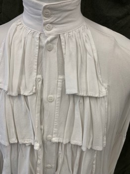 Mens, Historical Fiction Shirt, THE PIRATE DRESSING, White, Rayon, Solid, XL, Long Sleeve, Button Front, White Buttons, Stand Collar and 3 Rows of Ruffles at Front, Elastic Tiered Gathered Sleeves, 1700's Pirate