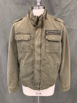Mens, Casual Jacket, LEVI'S, Dk Olive Grn, Cotton, Solid, L, Zip/Snap Front, 5 Pockets, Snap Epaulets, Stand Collar with Zipper Detail, Long Sleeves, Snap Cuff, Polyester Fill