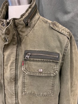 Mens, Casual Jacket, LEVI'S, Dk Olive Grn, Cotton, Solid, L, Zip/Snap Front, 5 Pockets, Snap Epaulets, Stand Collar with Zipper Detail, Long Sleeves, Snap Cuff, Polyester Fill