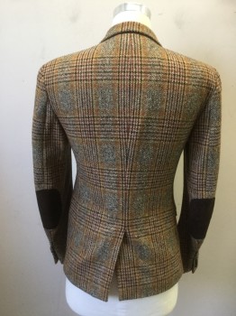 MARC JACOBS, Tan Brown, Chocolate Brown, Brown, Amber Yellow, Wool, Polyamide, Plaid, Tweed, Single Breasted, Collar Attached, Notched Lapel, 3 Pockets, 2 Buttons,  Dark Brown Suede Elbow Patches