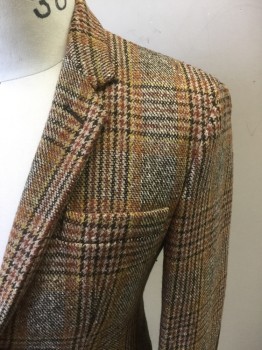MARC JACOBS, Tan Brown, Chocolate Brown, Brown, Amber Yellow, Wool, Polyamide, Plaid, Tweed, Single Breasted, Collar Attached, Notched Lapel, 3 Pockets, 2 Buttons,  Dark Brown Suede Elbow Patches