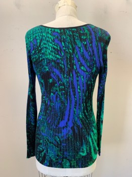 CACHE, Green, Black, Violet Purple, Rayon, Nylon, Abstract , Ribbed Knit Sweater Top, V-neck, Zip Front, Long Sleeves