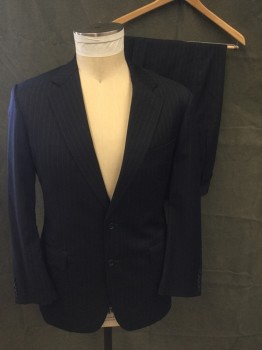 BROOKS BROTHERS, Navy Blue, White, Wool, Stripes - Pin, Pin Stripe, Single Breasted, Collar Attached, Notched Lapel, 3 Pockets