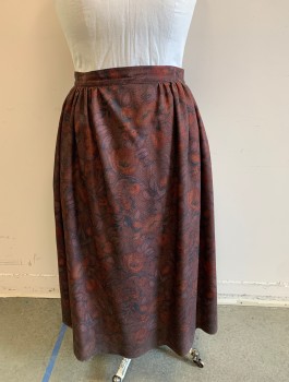 Womens, Historical Fiction Skirt, N/L MTO, Plum Purple, Red Burgundy, Dk Red, Wool, Floral, W:42-6, Ribbed Texture, 1.5" Wide Self Waistband, Gathered at Sides and Back, Adjustable Button Closures in Back, Ankle Length, Historically Inspired Fantasy, Made To Order