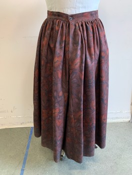 Womens, Historical Fiction Skirt, N/L MTO, Plum Purple, Red Burgundy, Dk Red, Wool, Floral, W:42-6, Ribbed Texture, 1.5" Wide Self Waistband, Gathered at Sides and Back, Adjustable Button Closures in Back, Ankle Length, Historically Inspired Fantasy, Made To Order