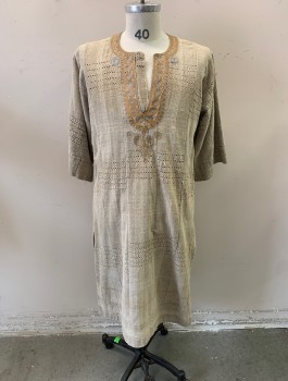 Mens, Historical Fiction Tunic, N/L MTO, Oatmeal Brown, Peach Orange, Dusty Lavender, Linen, Solid, Swirl , 40-42, Middle Eastern Inspired, 3/4 Sleeves, Round Neck with Keyhole, Embroidery Around Neck Placket, Hole Punch Detail in Parts of Weave, Slits at Side Hem, Lightly Aged/Distressed, **Barcode Under Front Placket