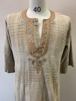 Mens, Historical Fiction Tunic, N/L MTO, Oatmeal Brown, Peach Orange, Dusty Lavender, Linen, Solid, Swirl , 40-42, Middle Eastern Inspired, 3/4 Sleeves, Round Neck with Keyhole, Embroidery Around Neck Placket, Hole Punch Detail in Parts of Weave, Slits at Side Hem, Lightly Aged/Distressed, **Barcode Under Front Placket