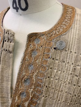 N/L MTO, Oatmeal Brown, Peach Orange, Dusty Lavender, Linen, Solid, Swirl , Middle Eastern Inspired, 3/4 Sleeves, Round Neck with Keyhole, Embroidery Around Neck Placket, Hole Punch Detail in Parts of Weave, Slits at Side Hem, Lightly Aged/Distressed, **Barcode Under Front Placket
