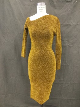 SOLACE LONDON, Gold, Viscose, Polyamide, Solid, Sparkly Gold Textured Stretch, Asymmetrical Neckline, Long Sleeves, Side Zip, Knee Length