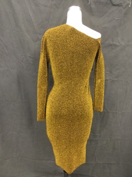 Womens, Cocktail Dress, SOLACE LONDON, Gold, Viscose, Polyamide, Solid, 6, Sparkly Gold Textured Stretch, Asymmetrical Neckline, Long Sleeves, Side Zip, Knee Length