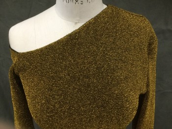 Womens, Cocktail Dress, SOLACE LONDON, Gold, Viscose, Polyamide, Solid, 6, Sparkly Gold Textured Stretch, Asymmetrical Neckline, Long Sleeves, Side Zip, Knee Length