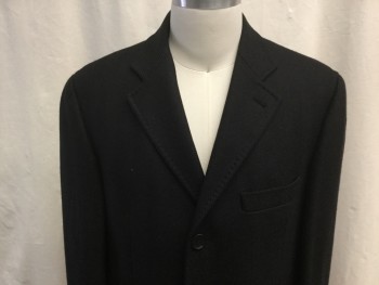 Mens, Coat, Overcoat, RUBENSTEINS, Black, Wool, Polyester, Herringbone, M, 38, Notched Lapel, Single Breasted, 3 Button Closure, 1 Chest Welt Pocket, 2 Flap Besom Pockets, Center Back Vent, At the Knee Length