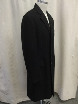 Mens, Coat, Overcoat, RUBENSTEINS, Black, Wool, Polyester, Herringbone, M, 38, Notched Lapel, Single Breasted, 3 Button Closure, 1 Chest Welt Pocket, 2 Flap Besom Pockets, Center Back Vent, At the Knee Length