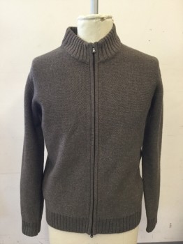 Mens, Cardigan Sweater, BLUE, Dusty Brown, Acrylic, Wool, Solid, XL, Zip Front, Long Sleeves, Ribbed Knit Stand Collar, Ribbed Knit Cuff/Waistband