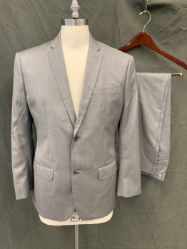 PERRY ELLIS, Lt Gray, Polyester, Heathered, Herringbone, Single Breasted, Collar Attached, Notched Lapel, Hand Picked Collar/Lapel, 2 Buttons,  3 Pockets