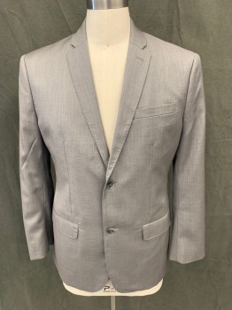 PERRY ELLIS, Lt Gray, Polyester, Heathered, Herringbone, Single Breasted, Collar Attached, Notched Lapel, Hand Picked Collar/Lapel, 2 Buttons,  3 Pockets