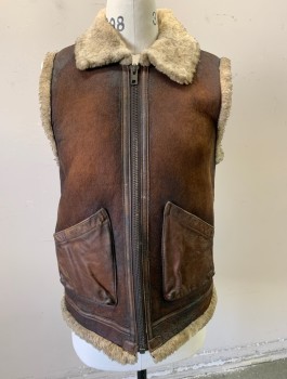 Mens, Leather Vest, PERFECTO BRAND, Brown, Ecru, Leather, Shearling, Solid, M, Brown Aged Leather, Ecru Plush Lining, Zip Front, 2 Pockets, Very Dirty/Grubby Throughout, Multiples