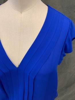 N/L, Royal Blue, Silk, Solid, V-neck, Pleated Front Along V, Cap Sleeves, Elastic Hem