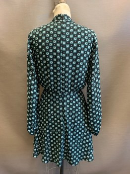 Womens, Dress, Ted Baker, Black, Forest Green, White, Rayon, Squares, Floral, W26, B34, L/S, V Neck with Neck Tie, Side Pockets, Back Zipper,