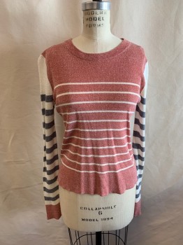 Womens, Pullover, VERONICA BEARD, Red, White, Lt Gray, Dk Gray, Linen, Nylon, Stripes, M, Red and White Stripe Body, Gray and White Stripe Long Sleeves, Crew Neck, Red Cuffs