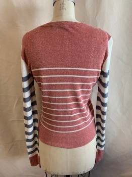 Womens, Pullover, VERONICA BEARD, Red, White, Lt Gray, Dk Gray, Linen, Nylon, Stripes, M, Red and White Stripe Body, Gray and White Stripe Long Sleeves, Crew Neck, Red Cuffs
