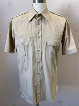 LAW PRO, Khaki Brown, Polyester, Solid, Short Sleeves,  Button Front, Epaulets, 2 Batwing Flap Pockets, Stitched Creases,