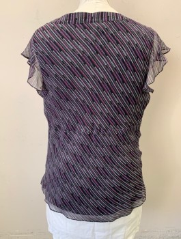 Womens, Blouse, ALFANI, Black, Purple, Gray, Silk, Abstract , Circles, 20W, Chiffon, Cap Sleeves, Surplice V-neck with Self Ruffle, Empire Waist, Pullover, with Invisible Zipper at Side Seam