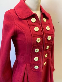 Womens, Coat, KNITTED DOVE, Cherry Red, Cotton, Polyester, Solid, XS, Thick Jersey Knit, Cream Buttons at Each Side of Front Opening, Hook & Eye Closures at Front, Collar Attached, Hem Above Knee,  Black Lining