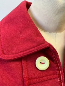 KNITTED DOVE, Cherry Red, Cotton, Polyester, Solid, Thick Jersey Knit, Cream Buttons at Each Side of Front Opening, Hook & Eye Closures at Front, Collar Attached, Hem Above Knee,  Black Lining