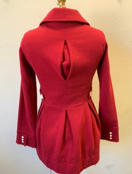 KNITTED DOVE, Cherry Red, Cotton, Polyester, Solid, Thick Jersey Knit, Cream Buttons at Each Side of Front Opening, Hook & Eye Closures at Front, Collar Attached, Hem Above Knee,  Black Lining