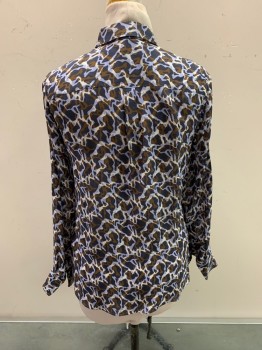 Womens, Blouse, THEORY, Navy Blue, Multi-color, Silk, Abstract , M, C.A., Button Front, L/S, Blue, Light Blue, Brown, And White Detail