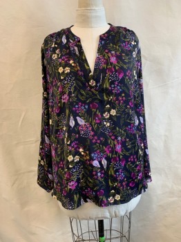 Womens, Blouse, AVA & VIV, Purple, Multi-color, Polyester, Floral, 2X, Band Collar, V-N, L/S, Navy BG, Purple and Lilac Floral Pattern with Small Blue Flowers and Green Stems