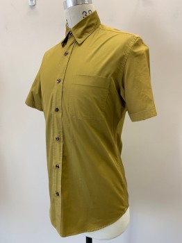 Mens, Casual Shirt, ANTO, Gold, Silk, Polyester, Solid, 40, S/S, Button Front, Collar Attached, Chest Pocket