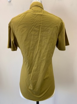 Mens, Casual Shirt, ANTO, Gold, Silk, Polyester, Solid, 40, S/S, Button Front, Collar Attached, Chest Pocket