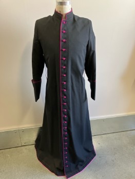NL, Black, Wool, Bishop, Mandarin Collar, L/S, Black, Magenta Piping & Fabric Covered Buttons
