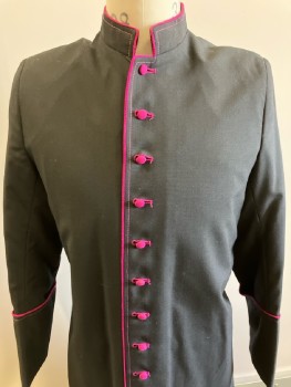 NL, Black, Wool, Bishop, Mandarin Collar, L/S, Black, Magenta Piping & Fabric Covered Buttons