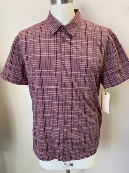 Mens, Casual Shirt, MARC ECKO, Red Burgundy, White, Cotton, Heathered, Plaid, L, Short Sleeves, Button Front, Collar Attached, *darts Added in Back to Make Slim Fit