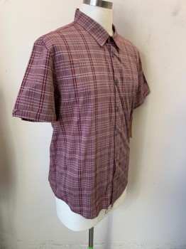 Mens, Casual Shirt, MARC ECKO, Red Burgundy, White, Cotton, Heathered, Plaid, L, Short Sleeves, Button Front, Collar Attached, *darts Added in Back to Make Slim Fit
