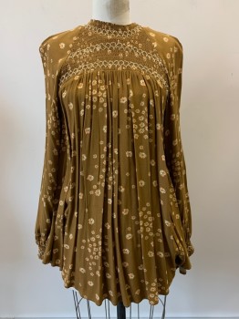 FREE PEOPLE, Ochre Brown-Yellow, Beige, Salmon Pink, Rayon, Floral, L/S, Crew Neck, Scrunched Chest, Pleated, Back Buttons,