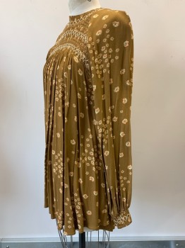 FREE PEOPLE, Ochre Brown-Yellow, Beige, Salmon Pink, Rayon, Floral, L/S, Crew Neck, Scrunched Chest, Pleated, Back Buttons,