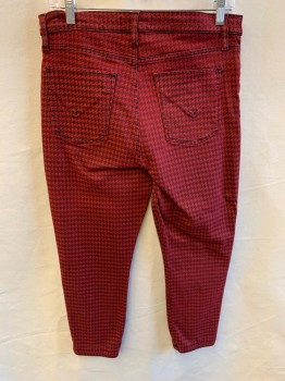 Womens, Pants, HUDSON, Red, Faded Black, Poly/Cotton, Spandex, Houndstooth, W:31, F.F, Belt Loops, Bttn Tab, 5 Pckts,