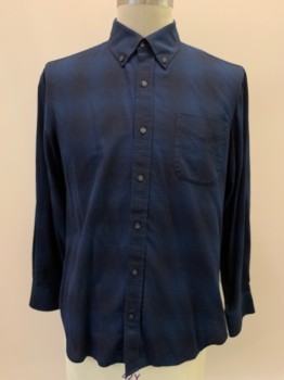 Mens, Casual Shirt, VINCE, Navy Blue, Black, Cotton, Plaid, XL, L/S, Button Front, Collar Attached, Chest Pocket
