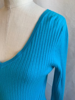 Womens, Pullover, SAKS FIFTH AVENUE, Turquoise Blue, Cashmere, Solid, S, Ribbed Knit, V-neck, Long Sleeves
